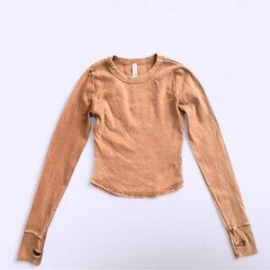 FP Movement Ribbed Long Sleeve Baby Tee Tan Thumbholes Cotton Small